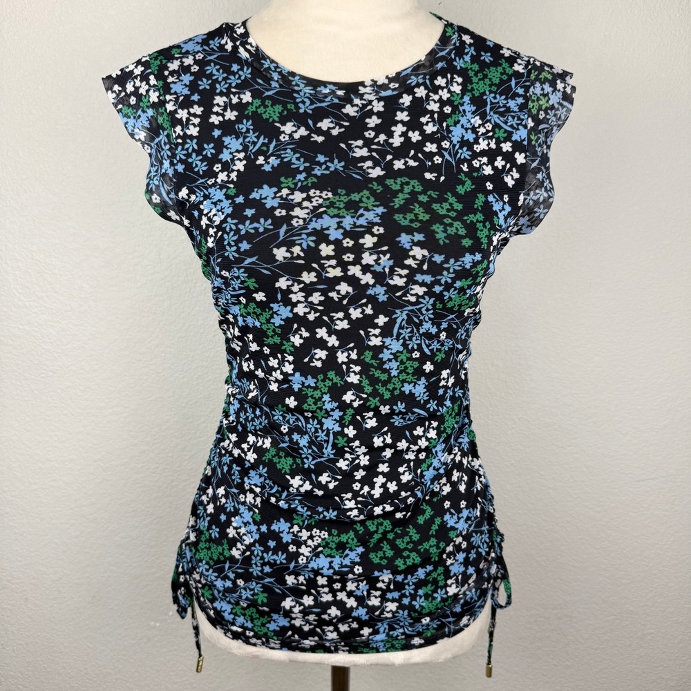 Nine West Women Floral Mesh Ruched Side Drawstring Metal Beads Cap Sleeve Top XS